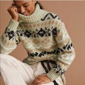 Anthropologie Fair Isle Turtleneck Sweater Sage Green Geometric Knit Size XS